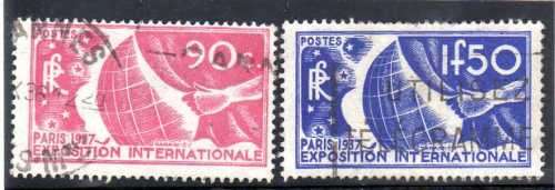 FRANCE 1936 PARIS EXHIBITION 2 STAMPS 90c + 1f50 FINE USED. SG 559-60. CAT 14,50 POUNDS.