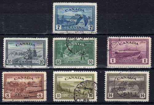 CANADA 1946 "PEACE ISSUE" SET OF 7 VFU. SG 401-407. CAT 19 POUNDS.