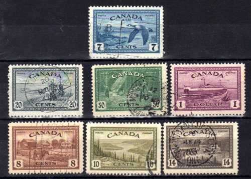 CANADA 1946 "PEACE ISSUE" SET OF 7 VFU. SG 401-407. CAT 19 POUNDS.