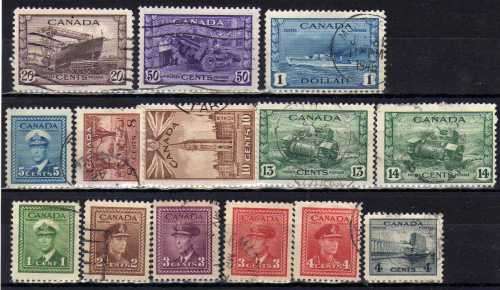 CANADA 1942 WAR EFFORT SET OF 13 FINE - VERY FINE USED. SG 375-88. CAT 25 POUNDS.