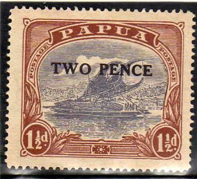 PAPUA 1931 "TWO PENCE" SURCHARGE ON 1,5d COBALT & LIGHT BROWN MOUNTED MINT. SG 121. CV 12 POUNDS