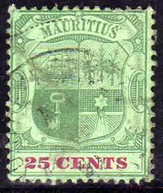 MAURITIUS 1900-05 DEFIN 25c GREEN & CARMINE ORDINARY PAPER. SG 151. CAT 30 POUNDS.