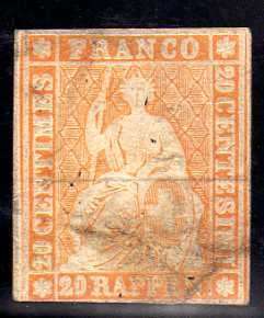 SWITZERLAND 1854 20r ORANGE GOOD USED BUT THINNED AT TOP. SG 50. CAT 75 POUNDS.