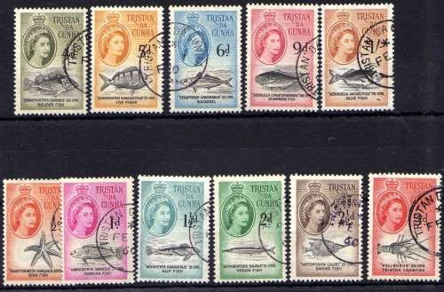 TRISTAN DA CUNHA 1960 MARINE LIFE DEFIN PART SET OF 11 VFU. SG 28-38. CAT 7,30 POUNDS.