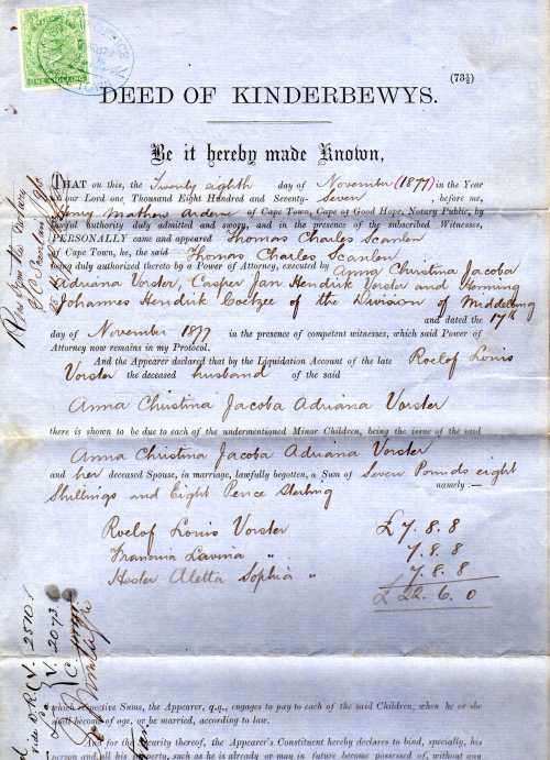 CAPE OF GOOD HOPE 1/- GREEN QV REVENUE STAMP USED ON "DEED OF KINDERBEWYS" 1877.