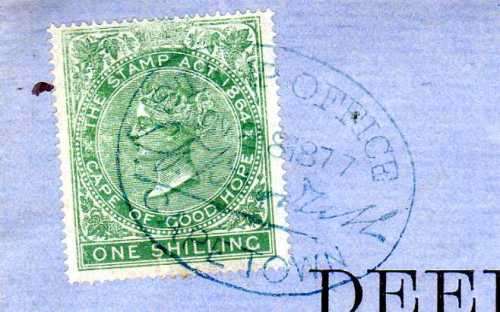 CAPE OF GOOD HOPE 1/- GREEN QV REVENUE STAMP USED ON "DEED OF KINDERBEWYS" 1877.
