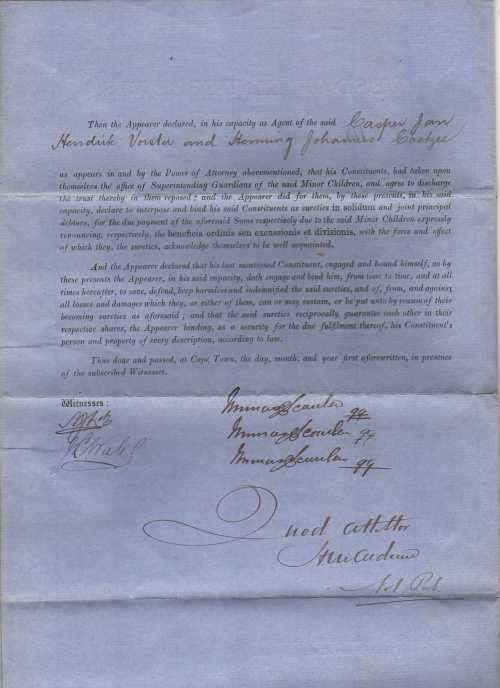 CAPE OF GOOD HOPE 1/- GREEN QV REVENUE STAMP USED ON "DEED OF KINDERBEWYS" 1877.