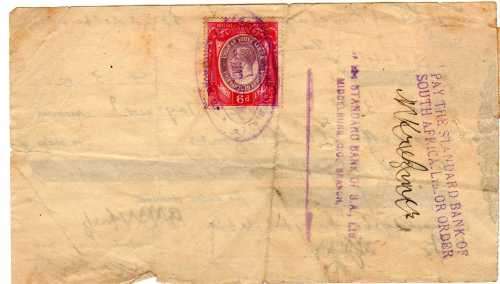 SOUTH AFRICA KGV 6d x 2 REVENUE STAMPS USED ON PIECE 1930.