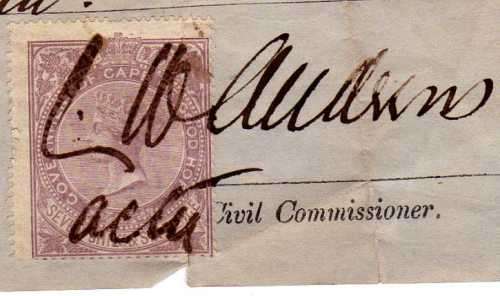 CAPE OF GOOD HOPE 7/6d LILAC PERF 15,5x15 QV REVENUE STAMP USED ON RECEIPT. COGH 1865 BAREFOOT 28.