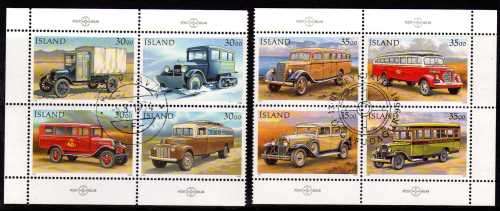 ICELAND 2 SETS OF 4 VFU 1992 POSTAL VEHICLES SG 792-95 & 1996 POST BUSES SG 861-4. CAT 8,80 POUNDS.