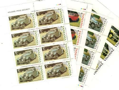 TANZANIA 1986 "CENTENARY OF MOTORING" SET OF 4 IN SHEETS OF 8 UMM. SG 456-59. CAT 7,20 POUNDS.