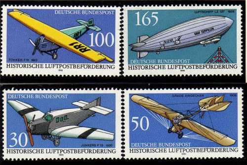 GERMANY 1991 "HISTORIC MAIL AIRCRAFT" SET OF 4 UMM. SG 2357-360. CAT 7,60 POUNDS.