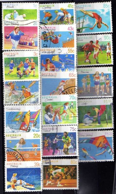AUSTRALIA 1989 "SPORTS" SET OF 19 VFU (3c SHORT CORNER). SG 1169-94. CAT 13 POUNDS.