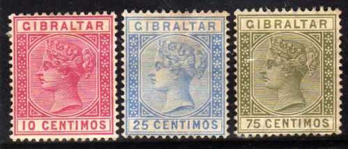 GIBRALTAR 1889 DEFIN 3 STAMPS. SG 23, 26 & 29. MINT VERY LITTLE GUM. CAT 60 POUNDS.