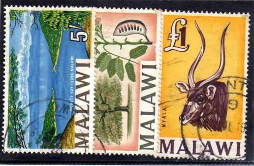 MALAWI 1964 DEFINITIVE 3 HIGH VALUES FINE USED . SG 225a, 226 & 227. CAT 8,75 POUNDS.