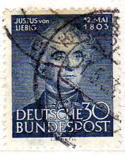 GERMANY WEST 1953 "150th BIRTH ANNIV OF LIEBIG" 30PF BLUE FINE USED. SG 1092. CAT 29 POUNDS.
