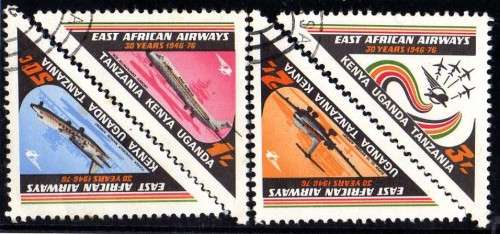 KENYA UGANDA TANGANYIKA 1975 30TH ANNIV EAST AFRICAN AIRWAYS SET OF 4 VFU. SG 387-90. CAT £8.