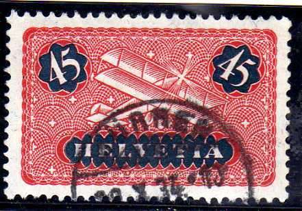 SWITZERLAND 1923 AIR DEFIN 45c RED + BLUE VERY FINE USED. SG 323. CAT 12,50 POUNDS.