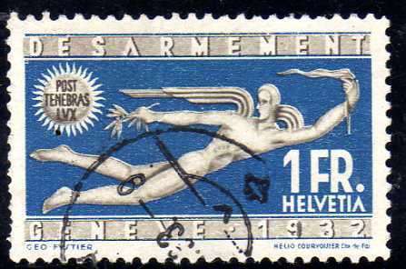 SWITZERLAND 1932 "DISARMAMENT CONGRESS" 1F FINE USED. SG 343. CAT 14 POUNDS.