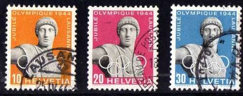 SWITZERLAND 1944 "OLYMPIC GAMES JUBILEE" SET OF 3 VFU. SG 434-436. CAT 15 POUNDS.