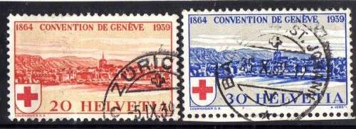 SWITZERLAND 1939 "75 ANNIV OF GENEVA RED CROSS CONVENTION" SET OF 2 VFU. SG 399-400. CAT 4,6 POUNDS.