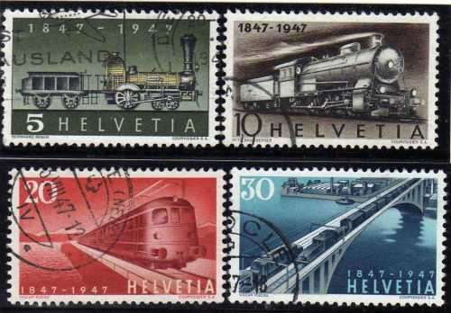 SWITZERLAND 1947 "CENTENARY OF SWISS FEDERAL RAILWAYS" SET OF 4 VFU. SG 477-80. CAT 6 POUNDS.