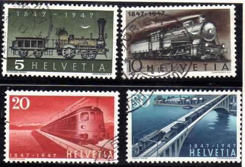 SWITZERLAND 1947 "CENTENARY OF SWISS FEDERAL RAILWAYS" SET OF 4 VFU. SG 477-80. CAT 6 POUNDS.
