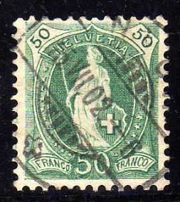 SWITZERLAND 1882 DEFIN 50c GREEN VERY FINE USED. SG 218. CAT 29 POUNDS.