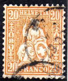 SWITZERLAND 1862 DEFIN 20c ORANGE FINE USED. SG 56a. CAT 3,75 POUNDS.