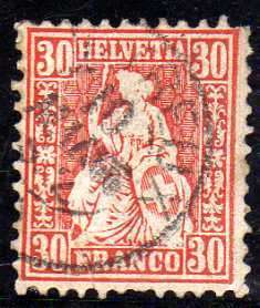 SWITZERLAND 1862 DEFIN 30c RED USED BUT "REPAIRED" TEAR AT BOTTOM. SG 57. CAT 44 POUNDS.