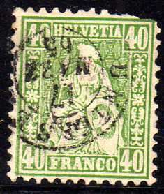 SWITZERLAND 1862 DEFIN 40c GREEN USED BUT DAMAGED - SPACEFILLER. SG 58. CAT 75 POUNDS.