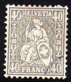 SWITZERLAND 1862 DEFIN 40c GREY FINE USED BUT SLIGHTLY THINNED. SG 66. CAT 160 POUNDS.