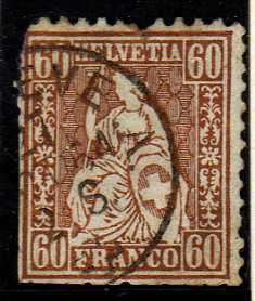 SWITZERLAND 1862 DEFIN 60c BRONZE USED BUT BADLY DAMAGED. SG 59. CAT 200 POUNDS.