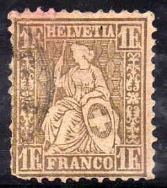 SWITZERLAND 1862 DEFIN 1F GOLD USED WITH SEVERAL FAULTS - SPACEFILLER. SG 60a. CAT 120 POUNDS.