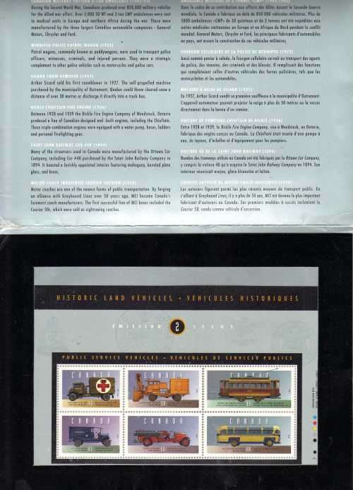 CANADA 1994 HISTORIC LAND VEHICLES PRES FOLDER WITH MINI SHEET OF 6 UMM. SG MS 1611. CAT 10 POUNDS.