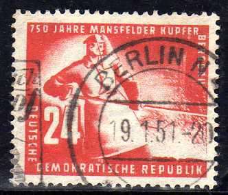 GERMANY EAST 1950 "MANSFELD COPPER MINES 750TH ANNIV" 24pf VFU. SG E31. CV 10,50 POUNDS.