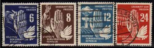 GERMANY EAST 1950 "PEACE PROPAGANDA" SET OF 4 VFU. SG E33-36. CAT 15,90 POUNDS.