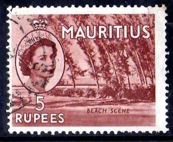 MAURITIUS 1953 DEFIN 5 RUPEES VFU. SG 305. CAT 10 POUNDS.