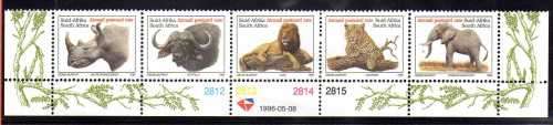 SOUTH AFRICA 1996 BIG 5 ANIMALS CONTROL STRIP OF 5 UMM. SACC 941-45. CAT R200.