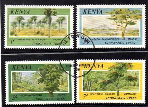 KENYA 1986 INDIGENOUS TREES SET OF 4 VFU. SG 370-3. CAT 15 POUNDS.