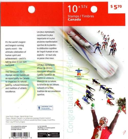 CANADA 2010 "WINTER OLYMPIC GAMES VANCOUVER" BOOKLET OF 10 U.M.M. SG 2660-61. CAT 14 POUNDS.
