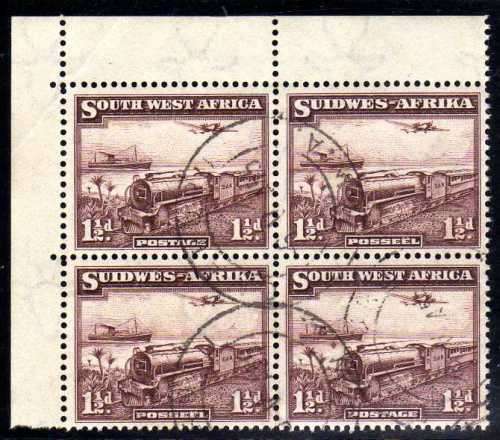 SOUTH WEST AFRICA 1937 1,5d CORNER BLOCK OF 4 VFU. SACC 123. CAT R100. (SACC 2015)