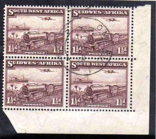 SOUTH WEST AFRICA 1937 1,5d CORNER BLOCK OF 4 VFU. SACC 123. CAT R100. (SACC 2015)