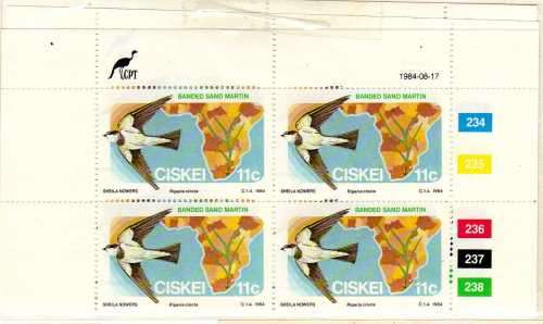 CISKEI 1984 MIGRATORY BIRDS SET OF 4 IN CONTROL BLOCKS OF 4 UMM. SG 60-63. CAT 7,60 POUNDS.