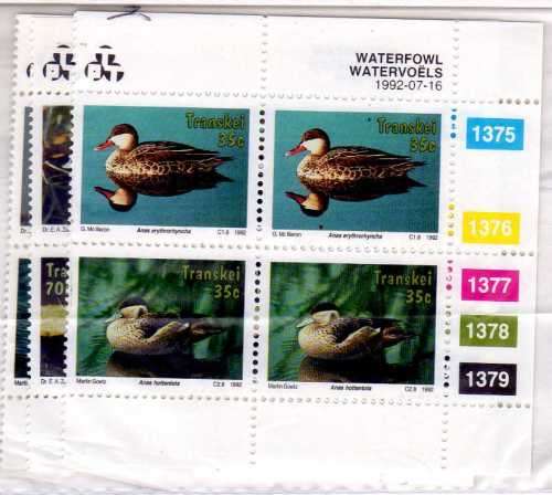 TRANSKEI 1992 WATER FOWL SET OF 8 IN 4 CONTROL BLOCKS OF 4 UMM. SACC 289-296. CAT R180. (2019-20)