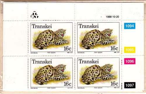 TRANSKEI 1988 ENDANGERED ANIMALS SET OF 4 IN CONTROL BLOCKS OF 4 UMM. SG 225-228. CAT 10 POUNDS.