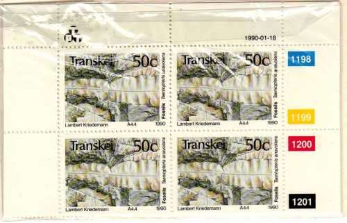 TRANSKEI 1990 "PLANT FOSSILS" SET OF 4 IN CONTROL BLOCKS OF 4 UMM. SG 245-248. CAT 16 POUNDS.