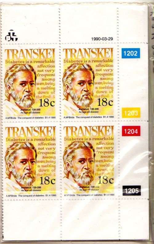 TRANSKEI 1990 "HEROES OF MEDICINE" SET OF 4 IN CONTROL BLOCKS OF 4 UMM. SG 249-252. CAT 16 POUNDS.