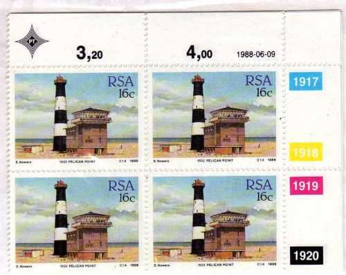 SOUTH AFRICA 1988 LIGHTHOUSES SET OF 4 IN CONTROL BLOCKS OF 4 UMM. SG 649-652. CAT 15 POUNDS.