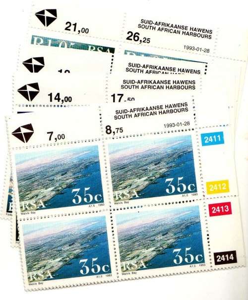 SOUTH AFRICA 1993 HARBOURS SET OF 5 IN CONTROL BLOCKS OF 4 UMM. SG 772-776. CAT 13 POUNDS.